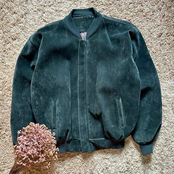Vintage 90s Green Khaki Velour Bomber Jacket Made in Italy Men’s Size L XL - Picture 1 of 12
